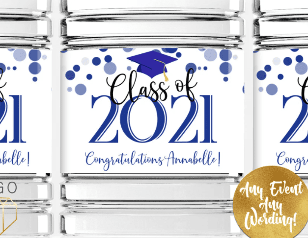 customized graduation party water bottles with a themed label of a graduation party colors.