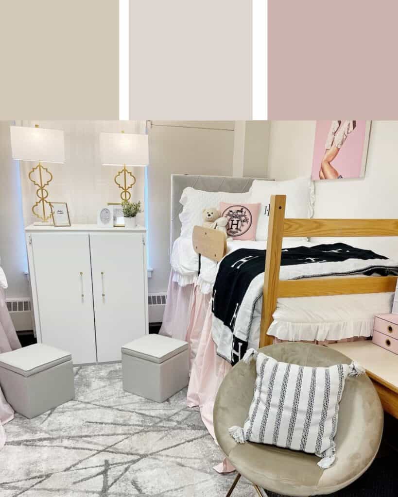 Light Pink and Wricker Dorm Room Color Scheme