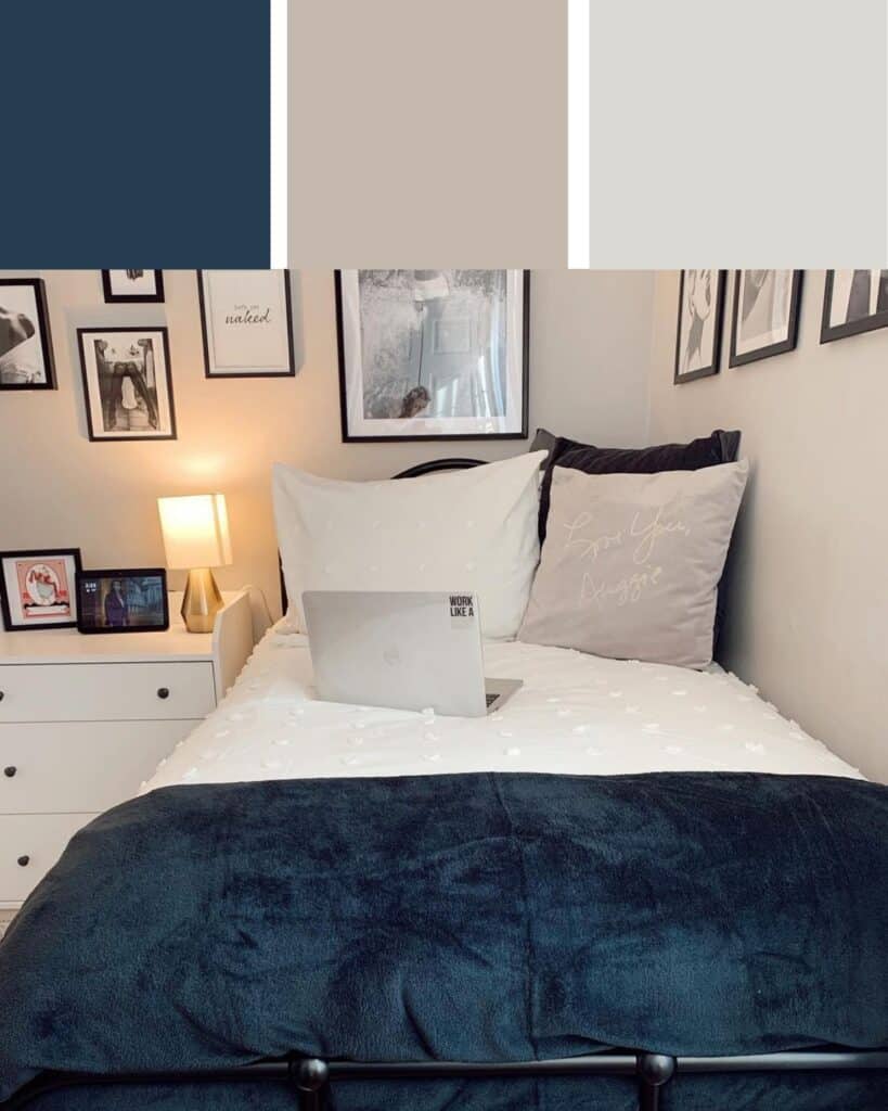 Navy Blue, White and Gray Dorm Room Color Scheme