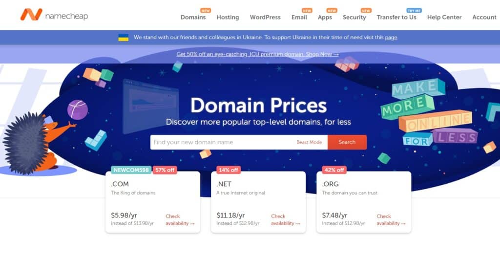 Namecheap frontpage of where to check the availability of domain name