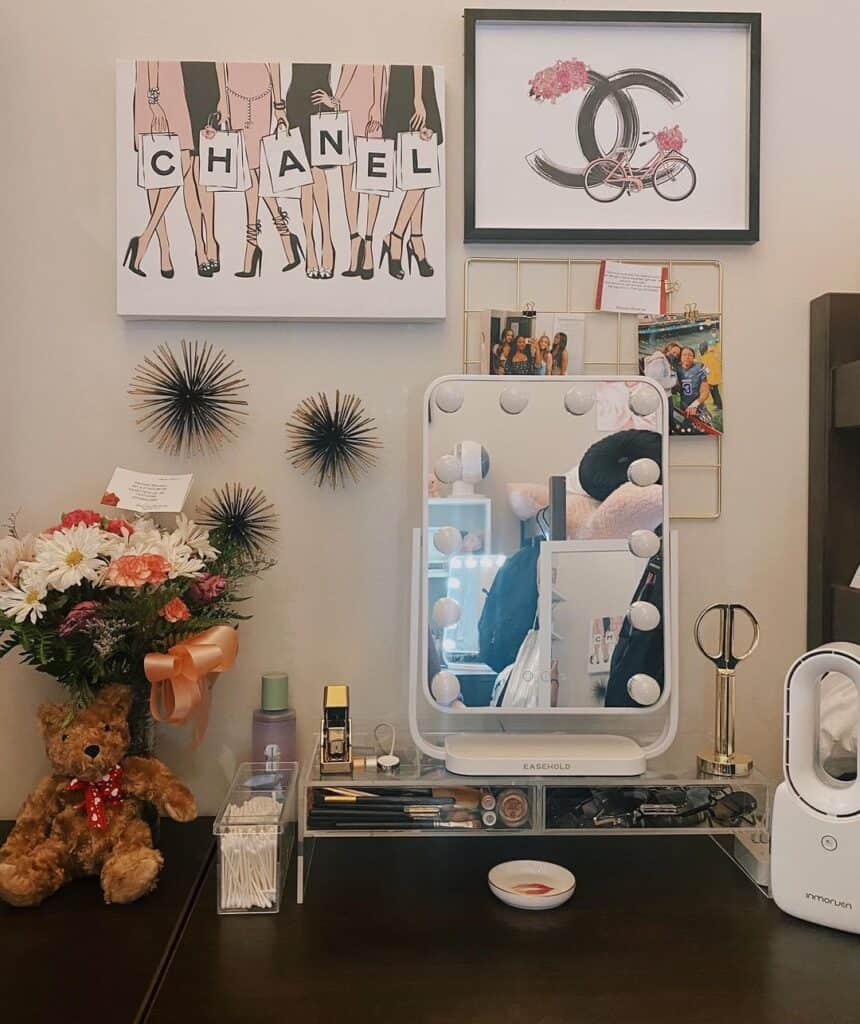 dorm room makeup station decorated with cute girly wall arts.