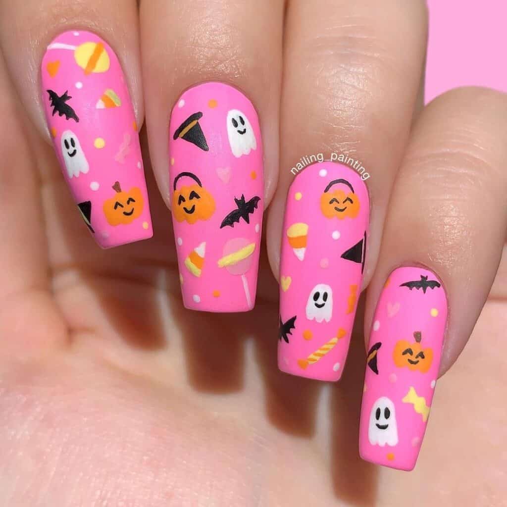 44 Cute Halloween Nails & Thanksgiving Nails : Black and Pink Halloween  Nails