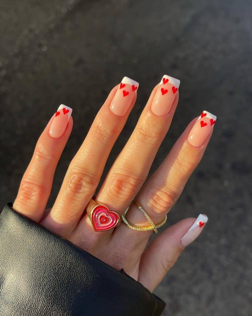 White French Tips with Mini Red Hearts