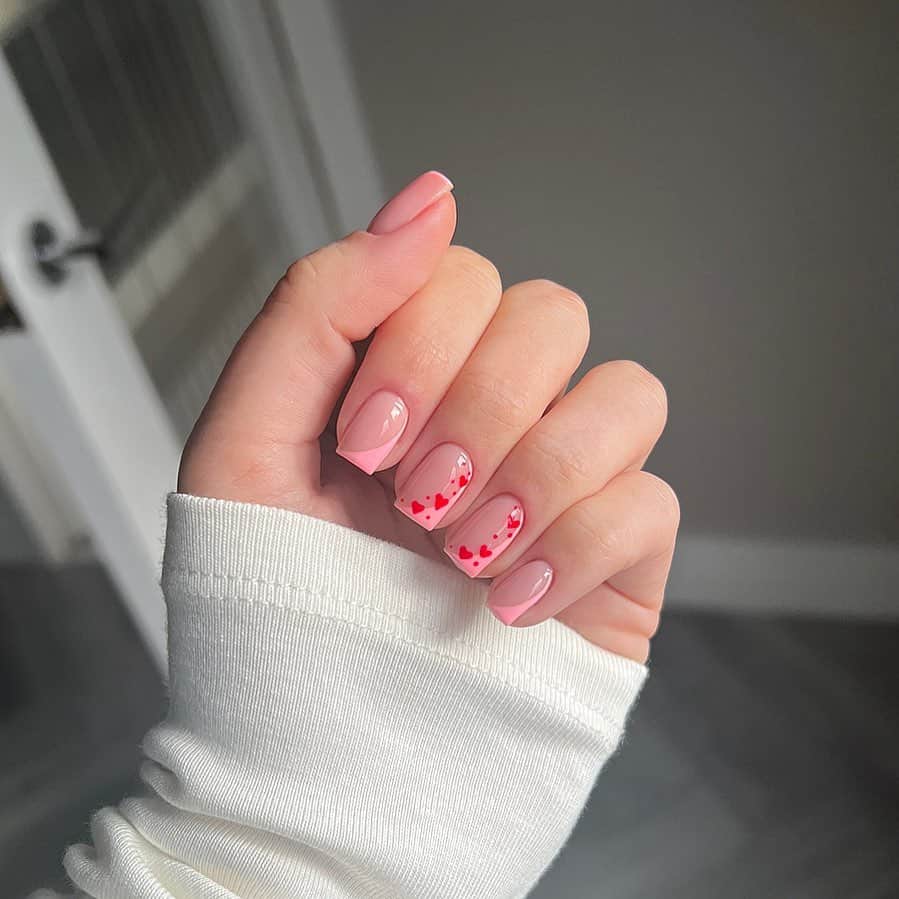 Short Valentine Sided Nails Tips with mini red hearts