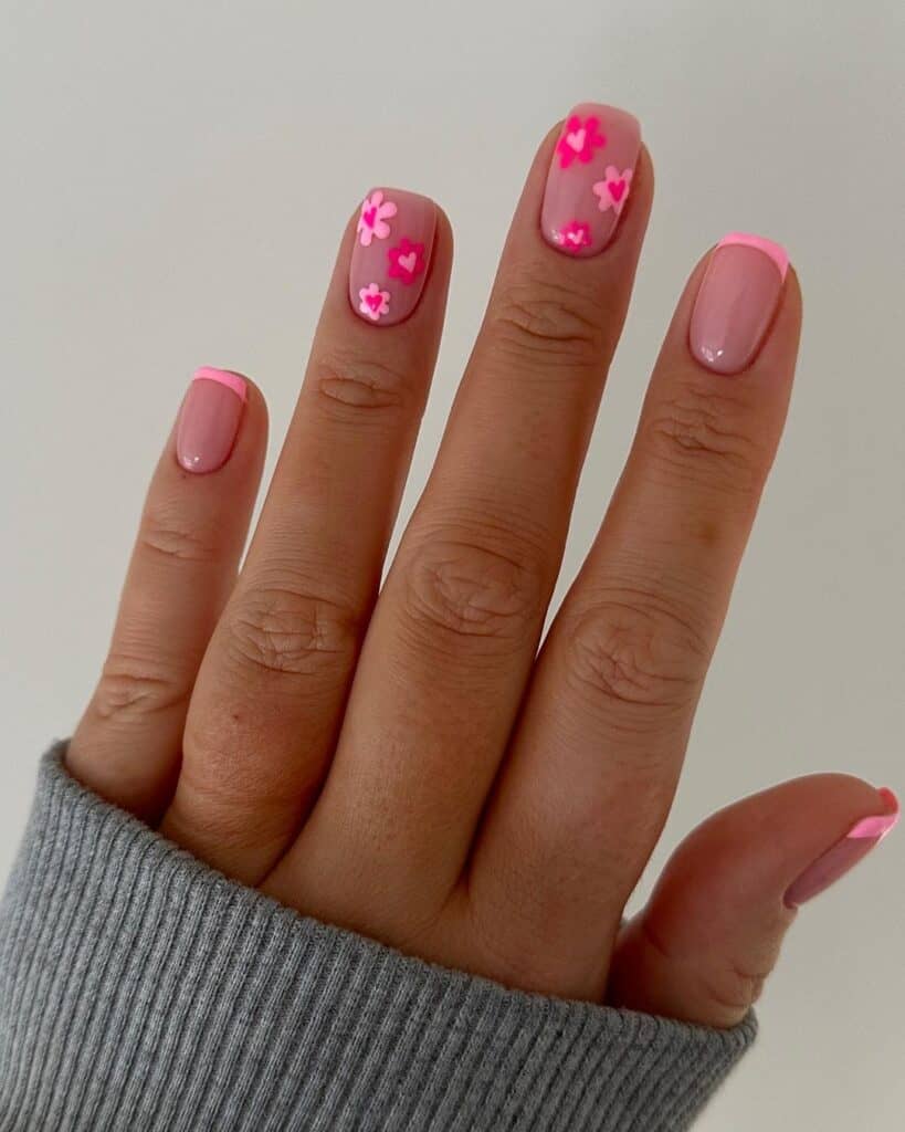 pink daisies nails for Valentine's Day