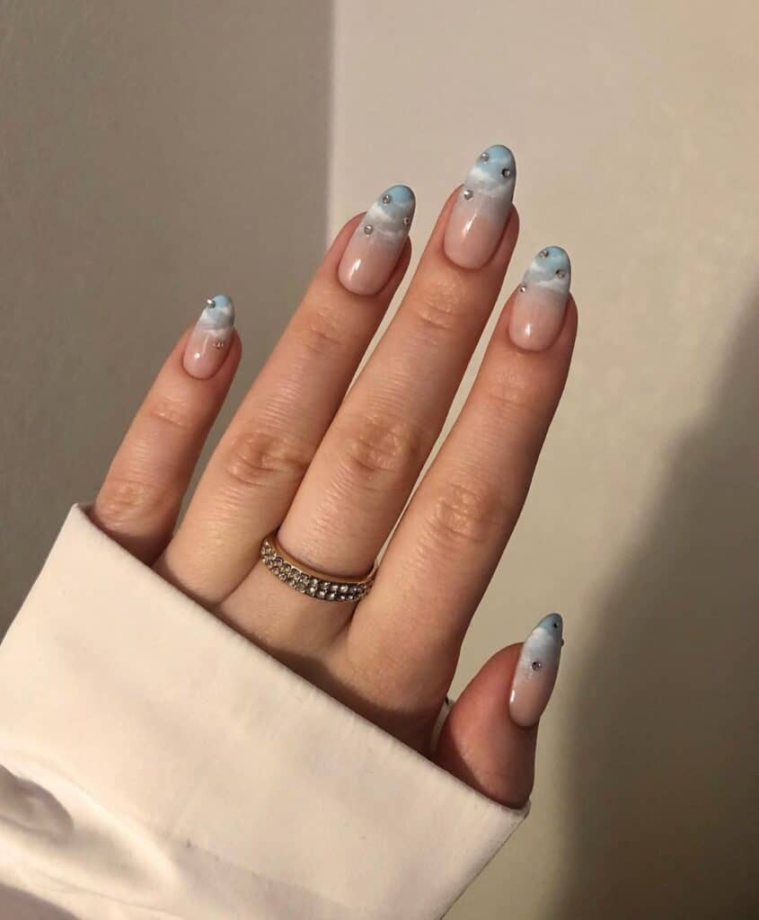 Cloudy Tip Nails with Rhinestones
