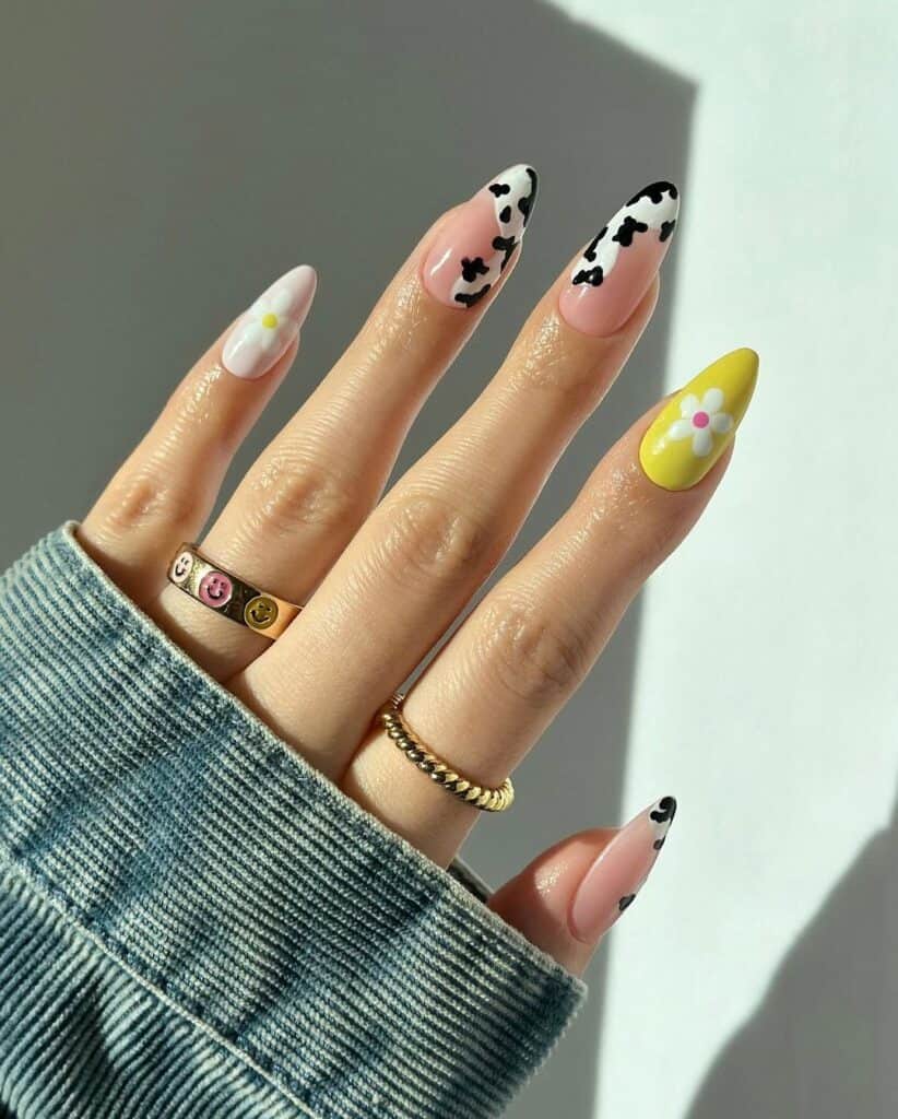 Floral Cow Print Spring Nails