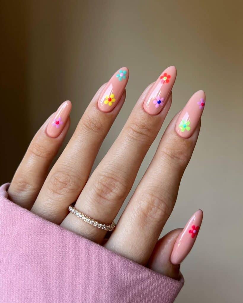 Pink Nail Base with Colored Florals