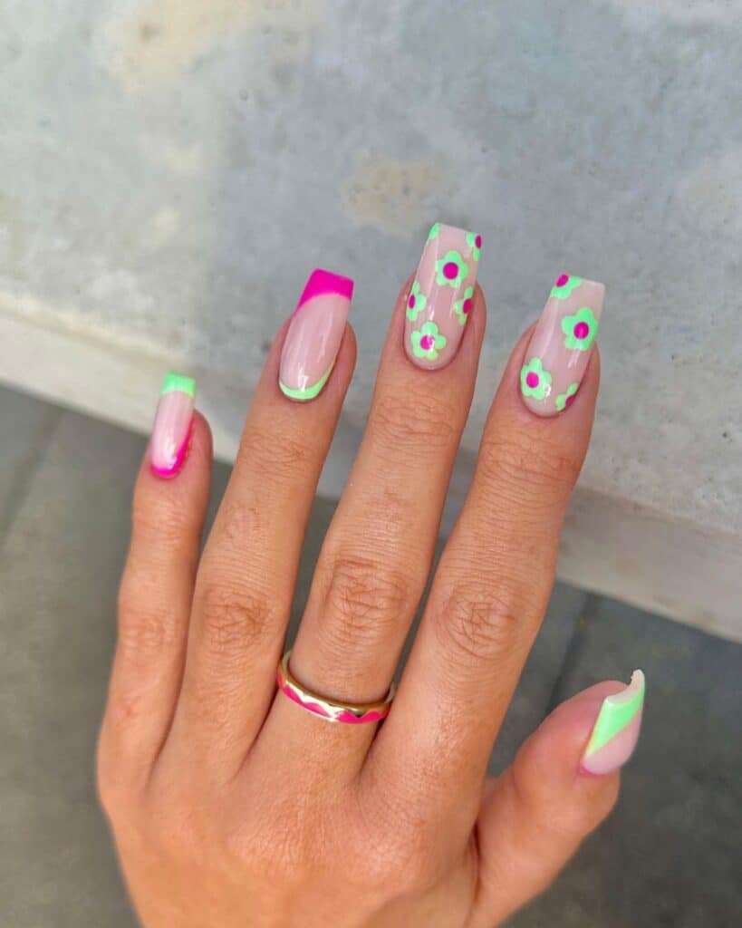 Spring Neon Colored Flower Nails