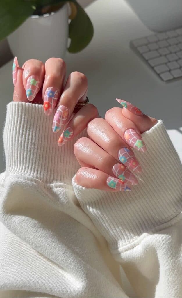 Swirly Plaid Nails with Flowers