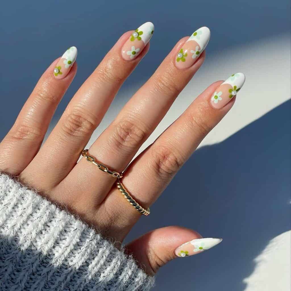 White French Tip Nails with Green Floral