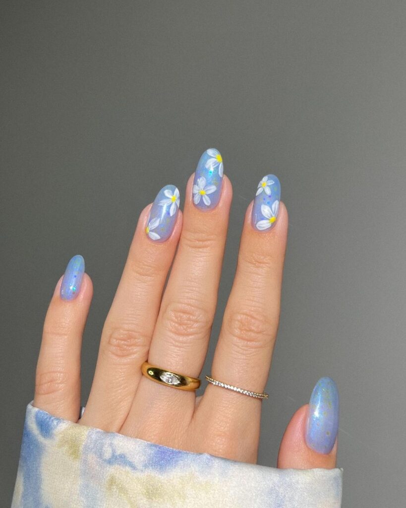 Blue Chrome Floral Nails