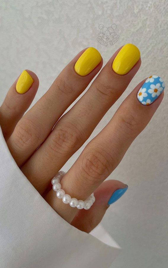 Flower Blue And Yellow Nails