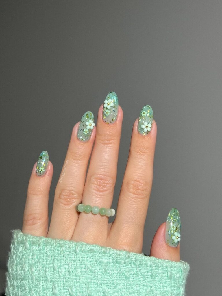 Minty Confetti Flower May Nails