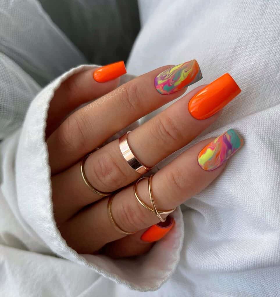 Orange Marbled Summer Nail Color Combo