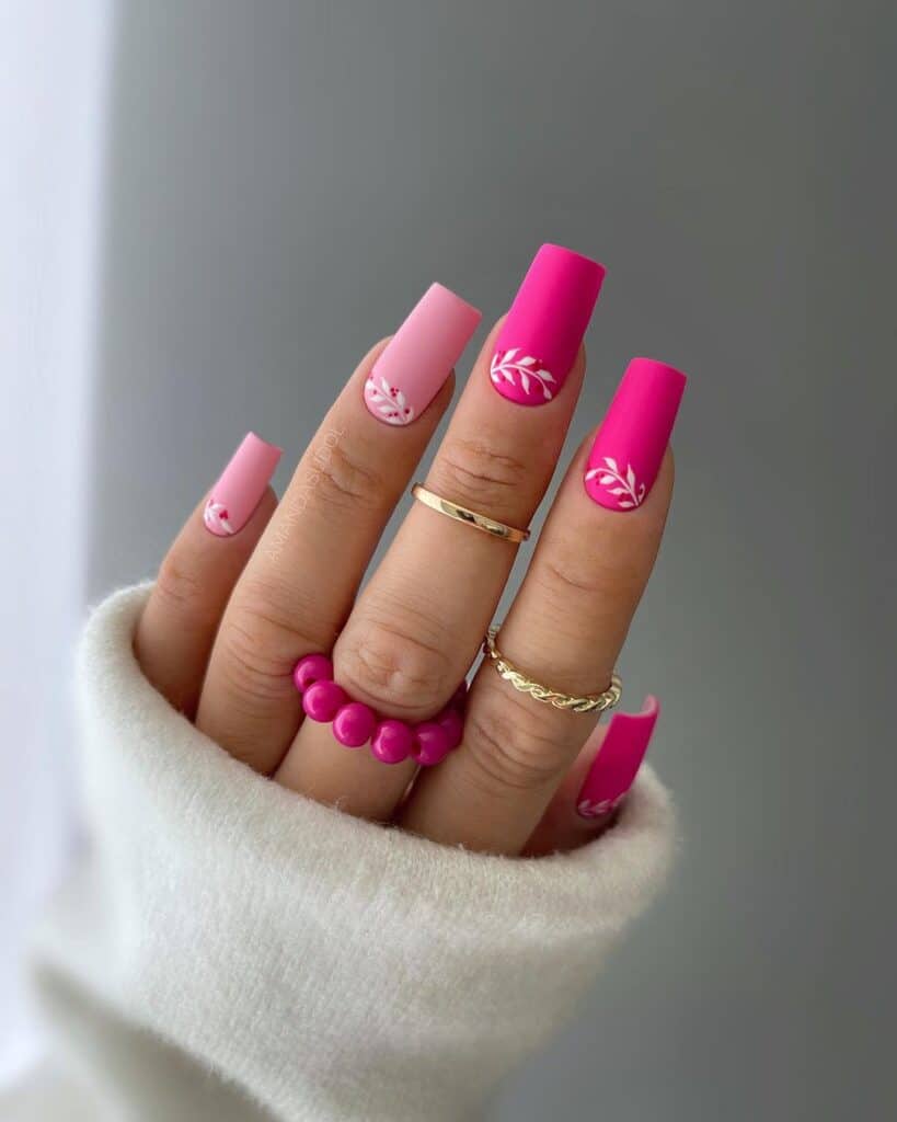 Mate Pink Nails with White Leaves