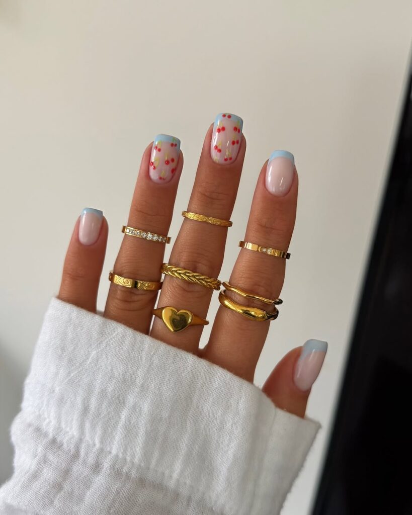 Cherry Nails with French Blue Tips